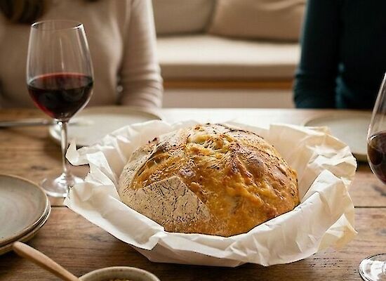 Sauerteigbrot in einer Schale auf einem Tisch mit Butter und Weingläsern, während zwei Personen im Hintergrund gemeinsam am Tisch sitzen